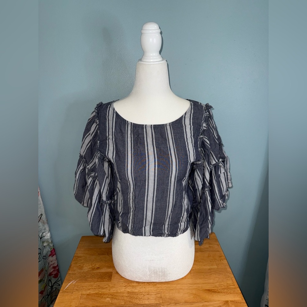 Hollister Navy and White Striped Ruffle Blouse